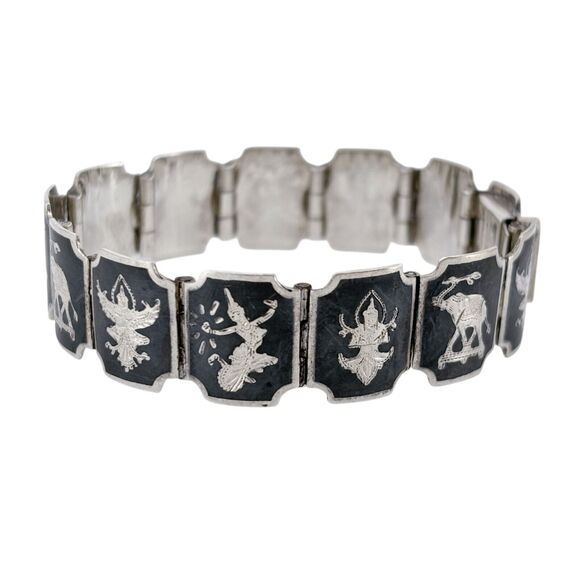 Vintage Siam Sterling Silver 925 Black Niello Link Bracelet 6.25" - Picture 6 of 11